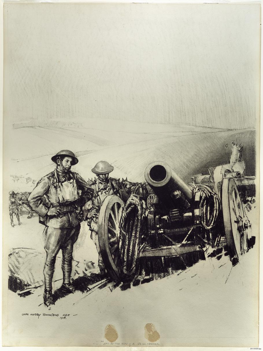 Two soldiers stand next to mortar. 