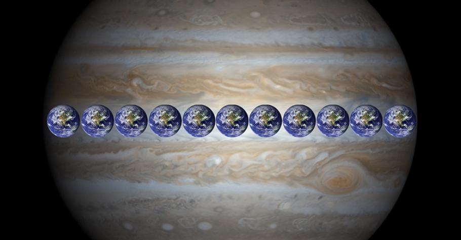 An image of Jupiter with 11 Earth's lined up across its diameter. 