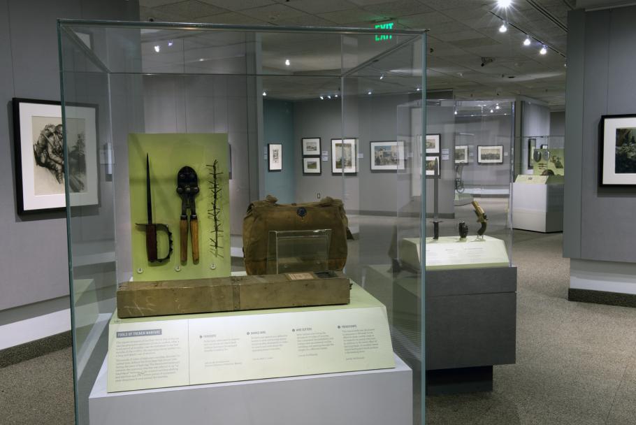 An artifact case with objects inside. 