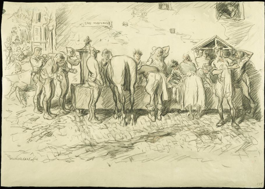 Drawing of people lined up washing. 