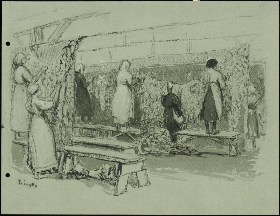 Black and white drawing of women working. 