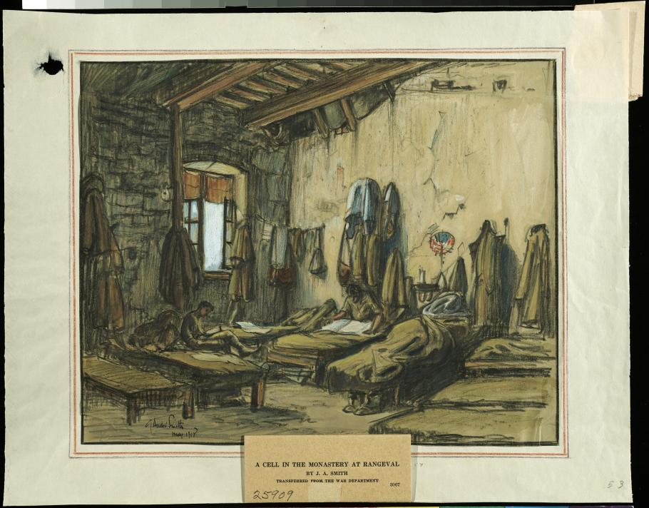 Watercolor of empty army cots. 