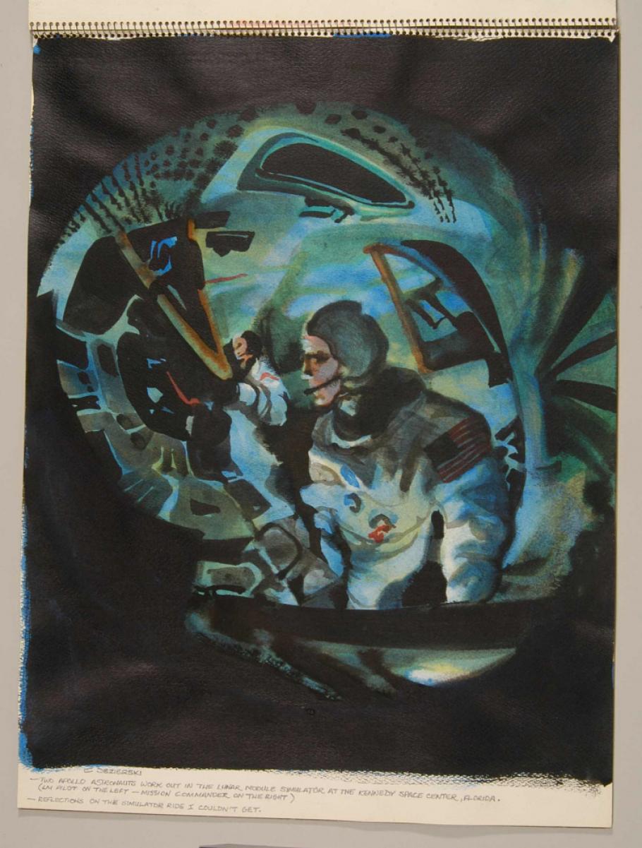 Ink painting of two astronauts training inside a lunar module simulator. Under the painting, the painter labels the astronauts as belonging to the Apollo program.