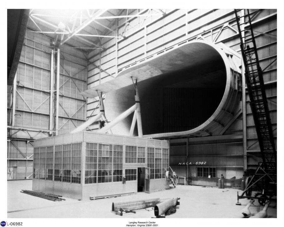 Frontal view of a wind tunnel that could fit whole planes due to its size.
