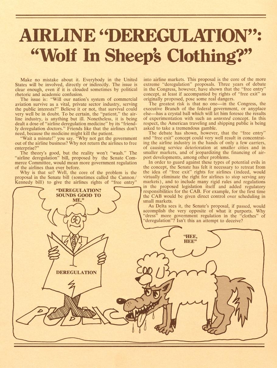 Single-page article discussing airline deregulation and why it should be banned. Below the article, there is a comic of a wolf in sheep's clothing tormenting a human representing the public.