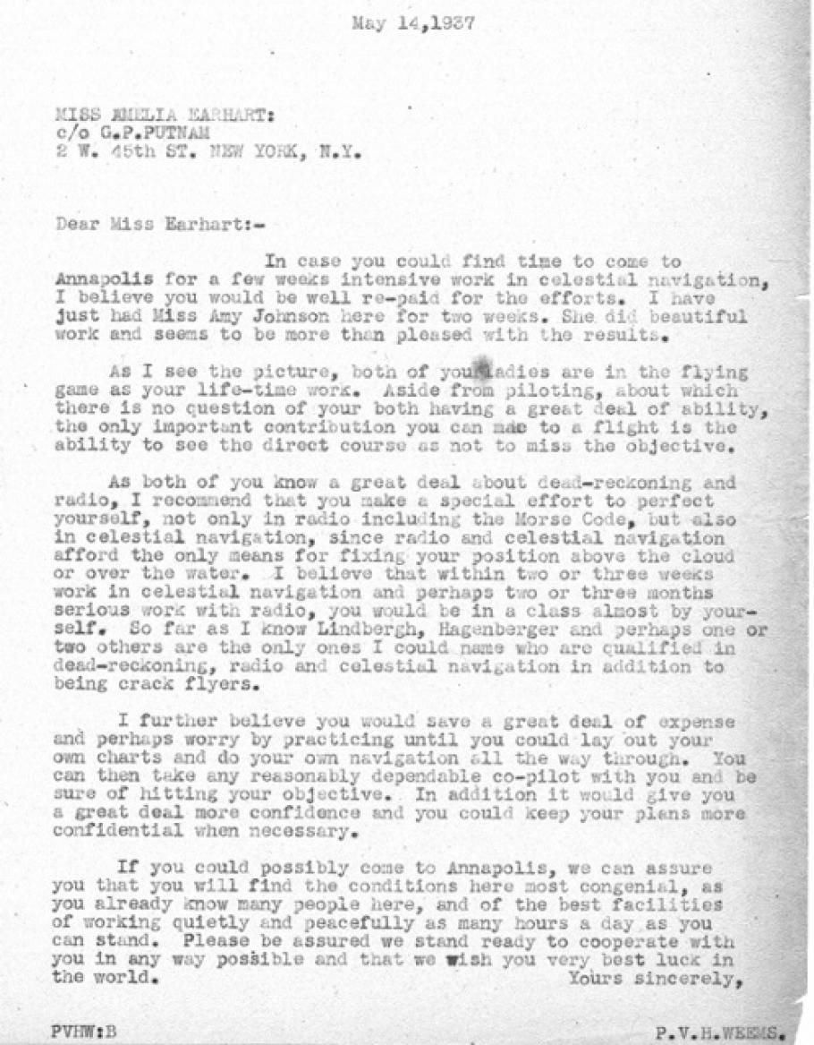 P.V.H. Weems&#039; Letter to Amelia Earhart
