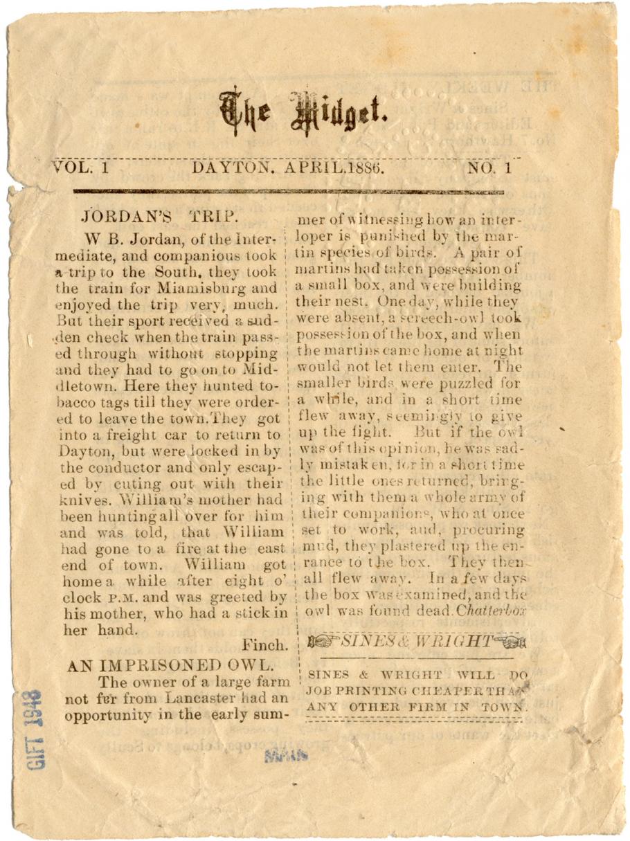 A sepia-toned page of a newspaper entitled The Midget.