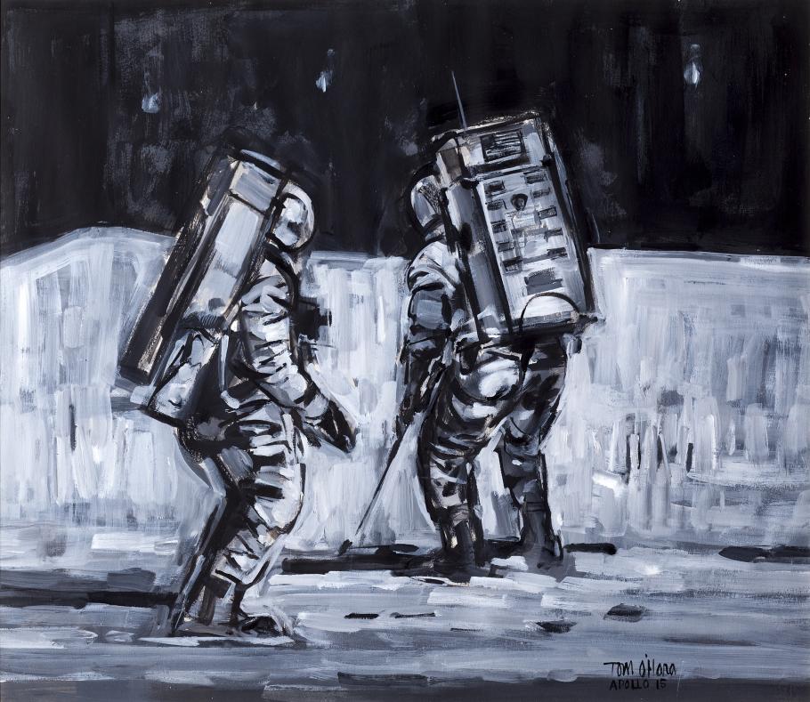 Artwork of two astronauts, David Scott and James Irwin, walking on the Moon.