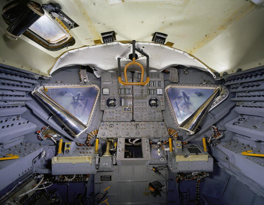 Interior view of Lunar Module 2 on display in Exploring the Moon