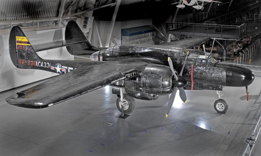 Northrop P-61C Black Widow aircraft in a museum setting and photographed from the side
