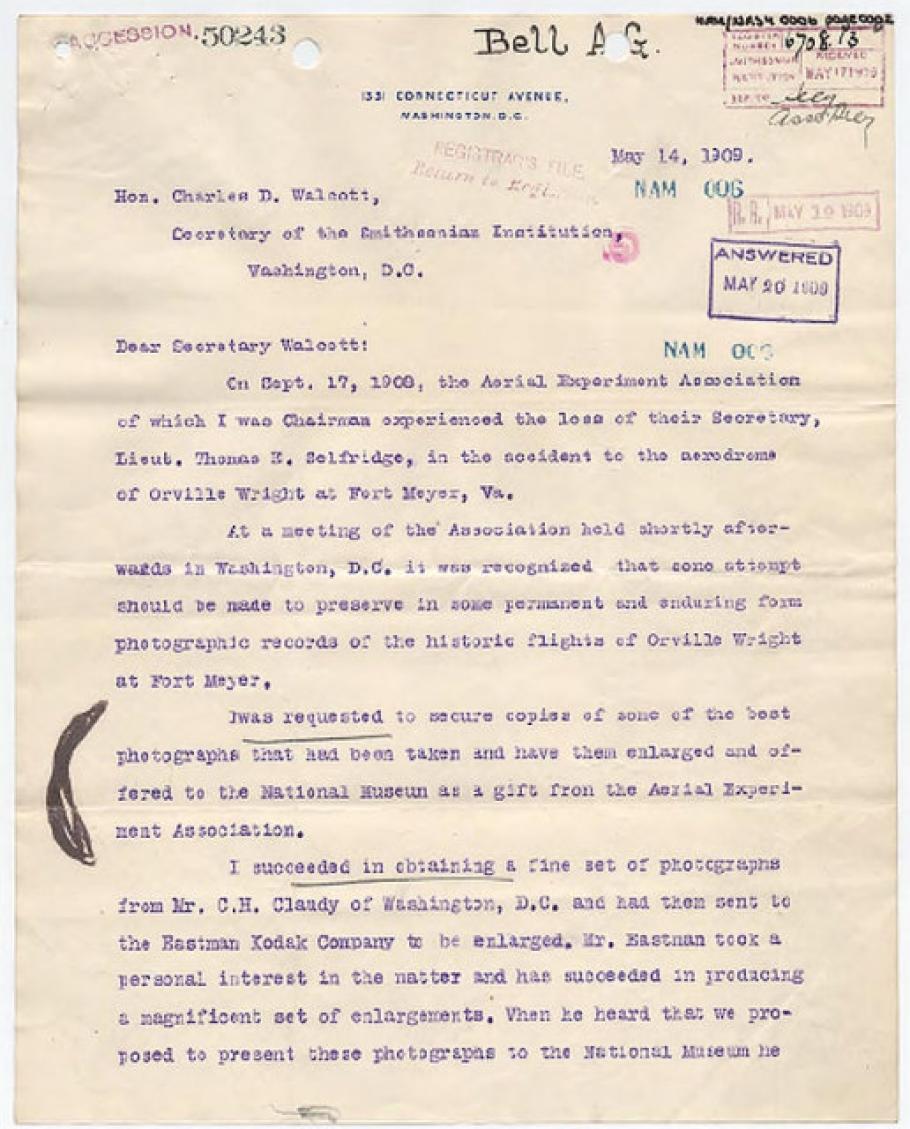 Alexander Graham Bell Letter to Charles D. Walcott (Pg 1)