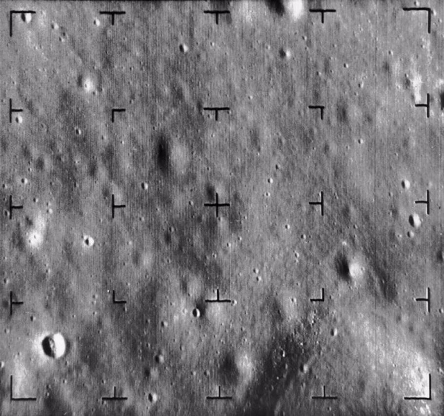 A small section of the moon photographed by the Ranger 8 spacecraft