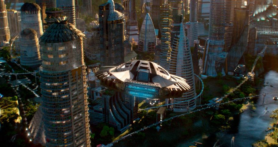 T’Challa’s Royal Talon Fighter flying above Wakanda in the film Black Panther.