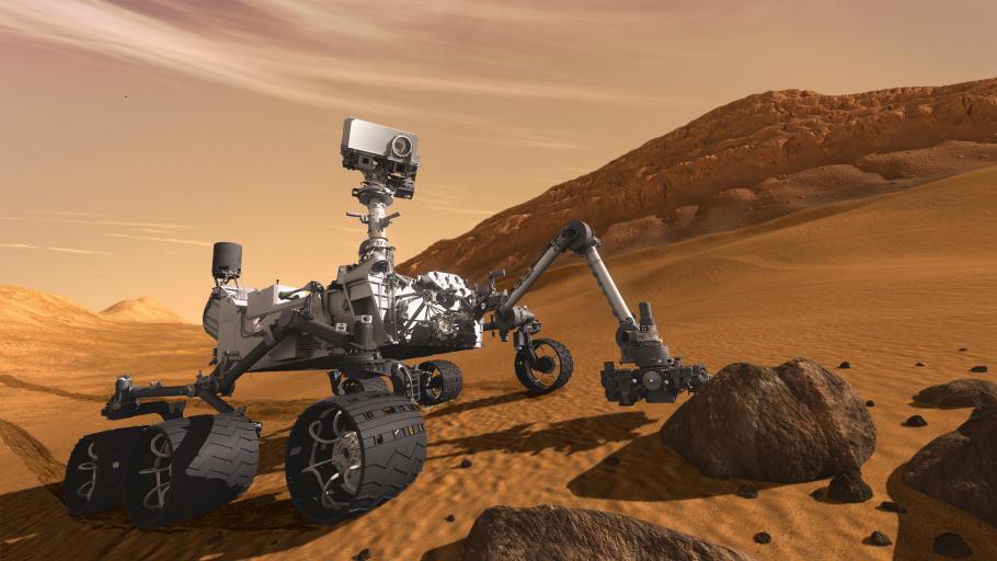 Artist concept of rover Curiosity performing tasks on the surface of Mars.