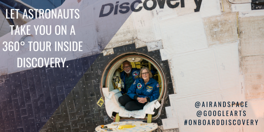 A Twitter graphic to promote the Smithsonian’s National Air and Space Museum collaboration&nbsp;with Google Arts &amp; Culture to celebrate the 34th anniversary of Space Shuttle Discovery’s first launch.