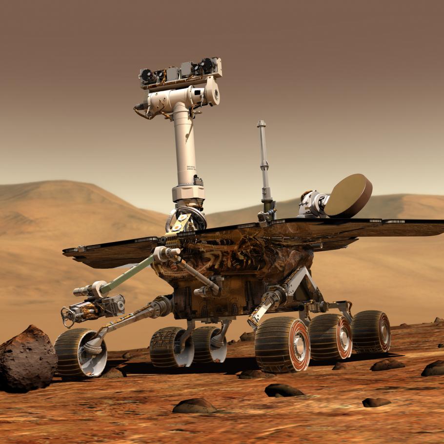 A wheeled vehicle with a panel and a "neck" that rises above it. Shown in an artists rendering of roving the surface of Mars. 