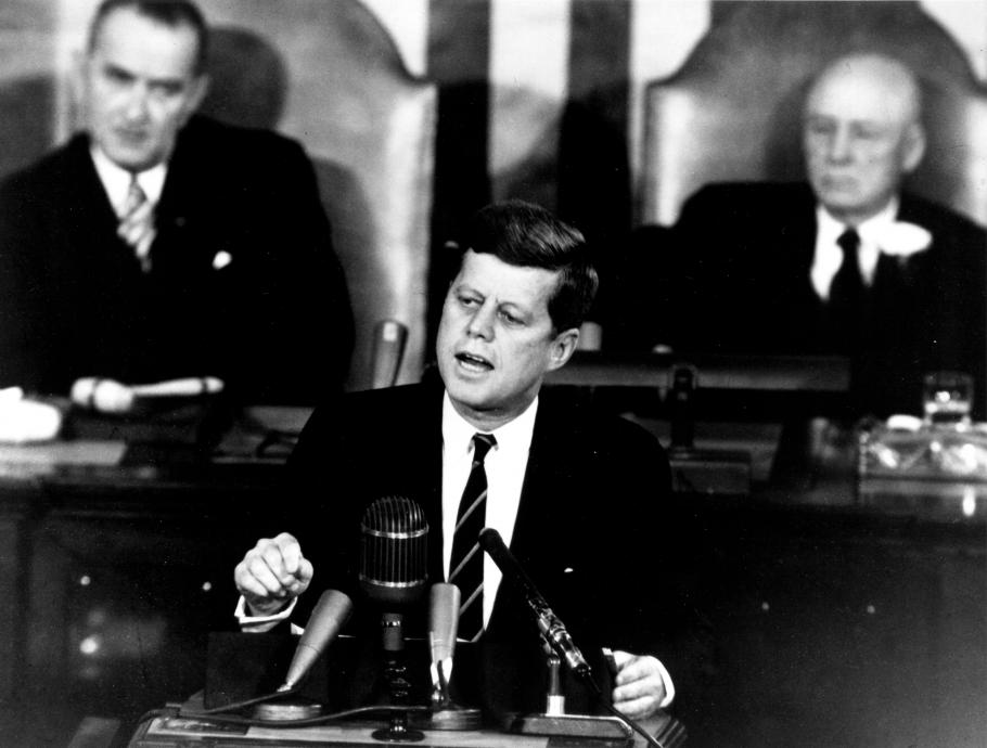John F. Kennedy speaks to Congress during a speech announcing his plans to put Americans on the moon.