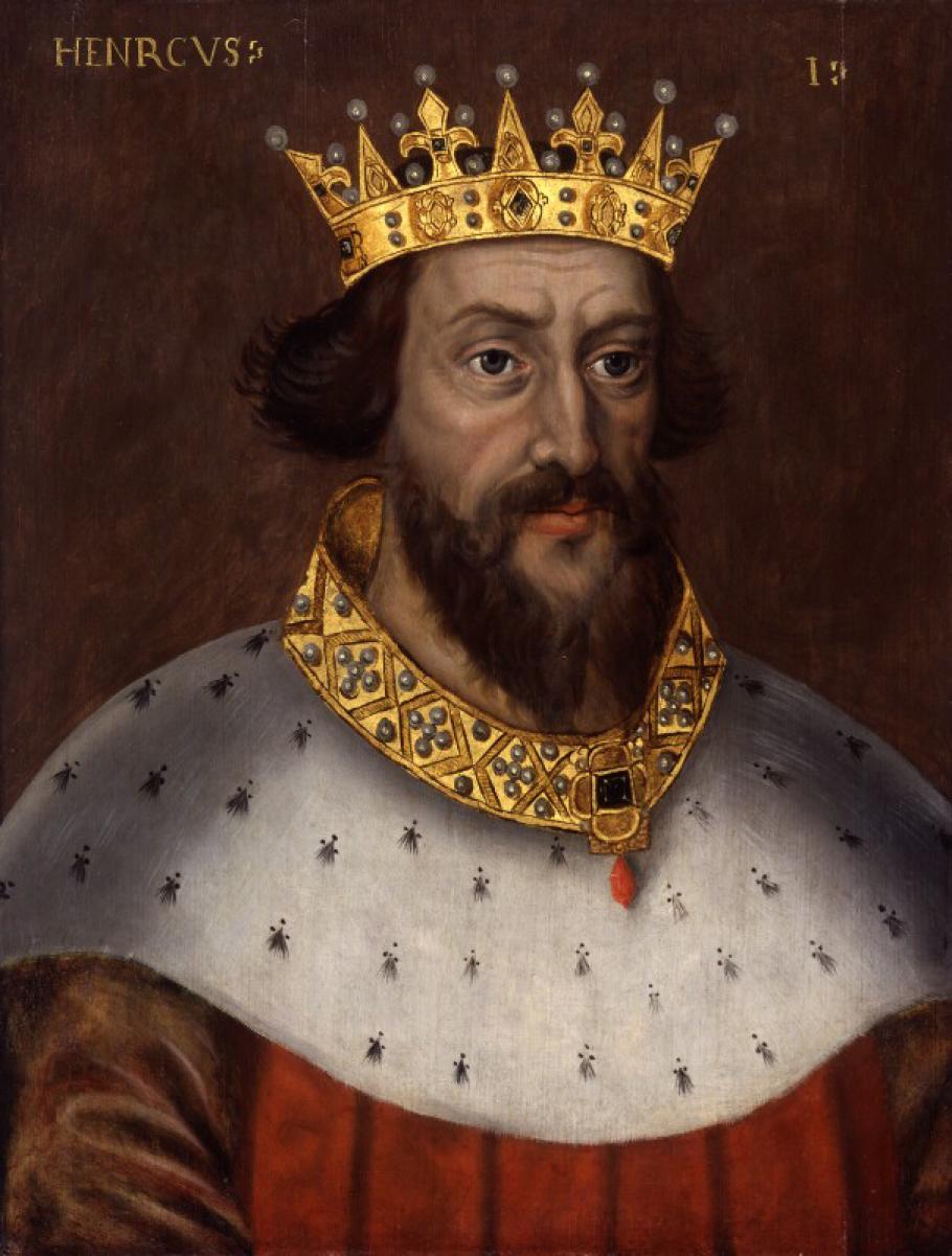 Portrait painting of man with beard, crown, and robes. 