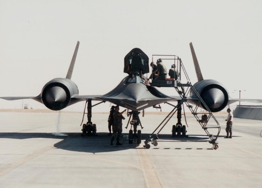 A ladder is used to access the cockpit of the SR-71.