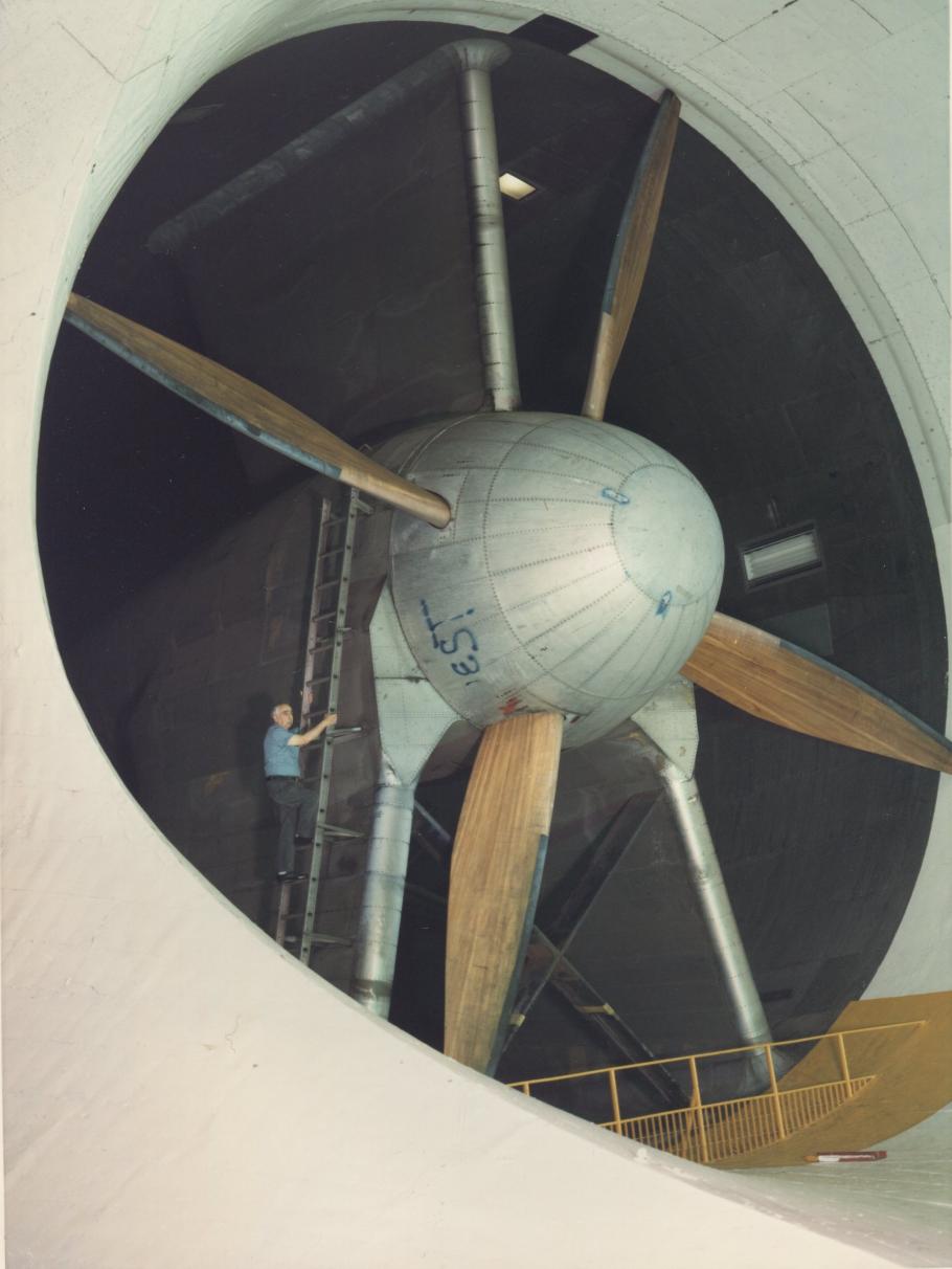 Technician Checks Fan Motor in Full Scale Wind Tunnel