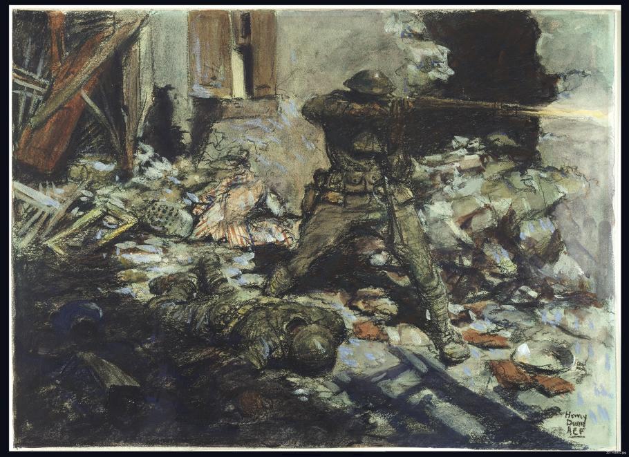 Soldier fires a weapon, at his feet is a slain soldier. 
