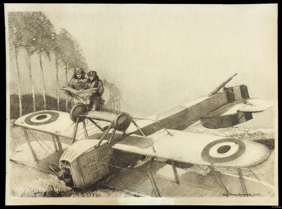 Black and white drawing depicting an upside-down airplane. 