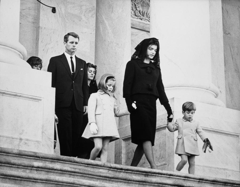 Kennedy family members leaving the funeral ceremony for President John F. Kennedy, entrance of capital building.