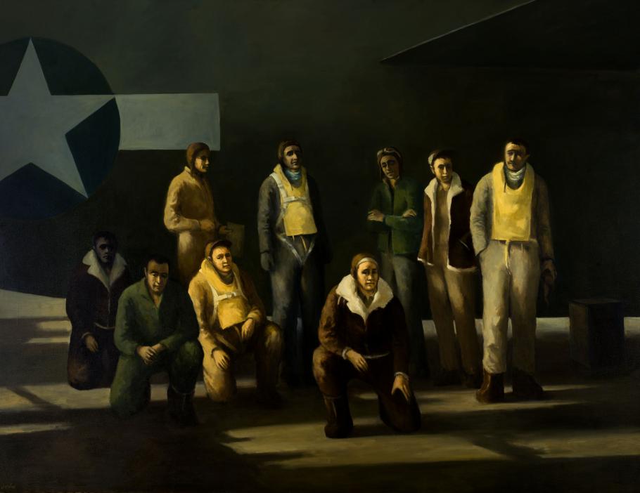 painting of nine men in front of aircraft