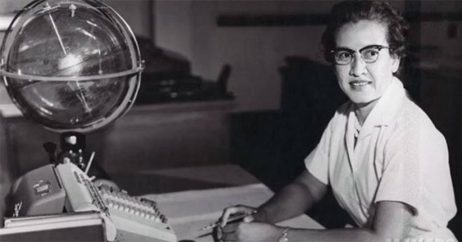 Katherine Johnson - NASA Mathematician at her desk at NASA in black and white photo