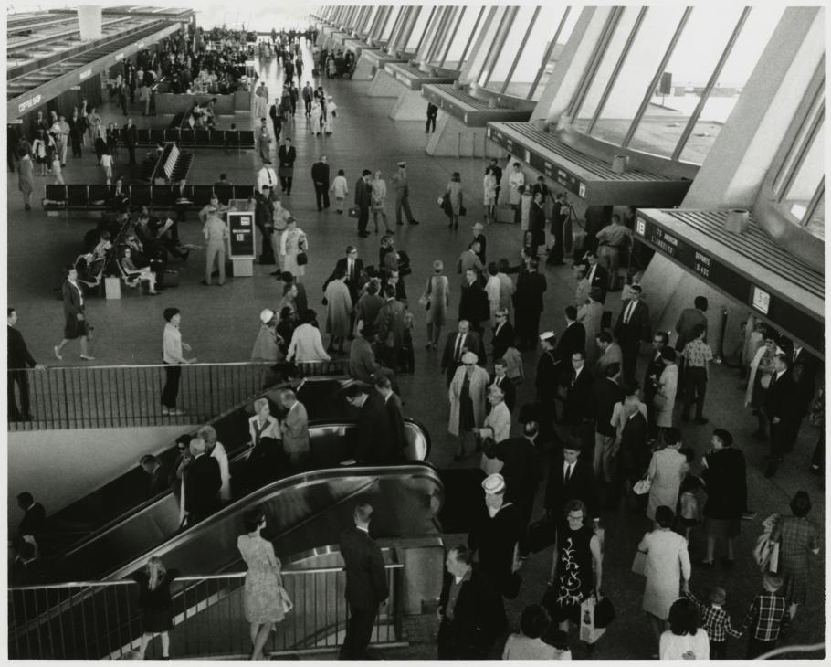 Travelers in the main departures terminal. 