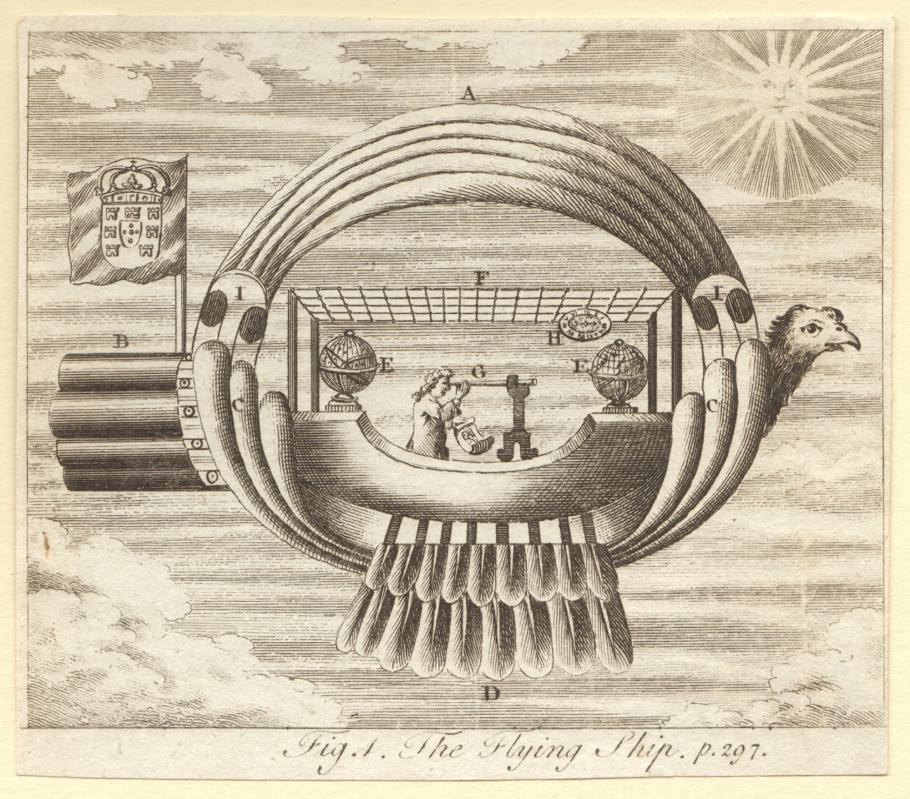 Etching of a ship-like flying machine.