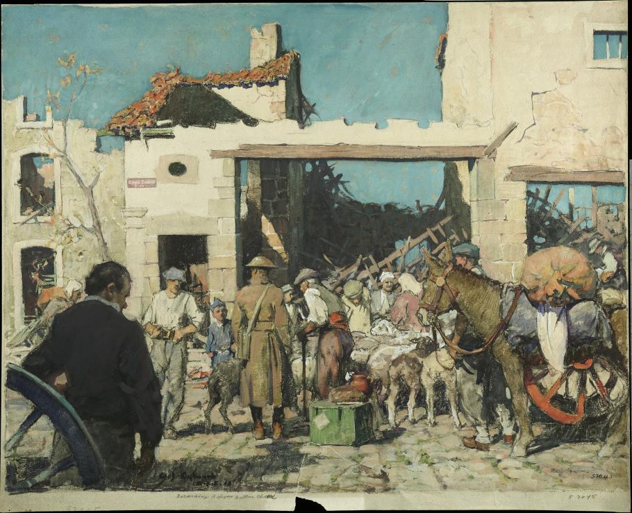Artwork depicting people and military outside of damaged building. 