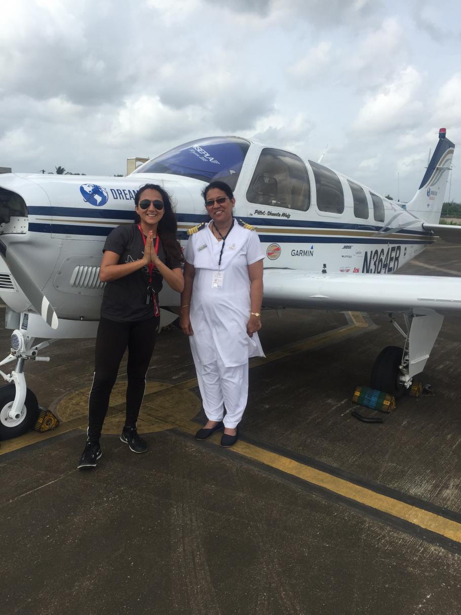 Shaesta Waiz in Mangalore, India with her aircraft and a female pilot. 