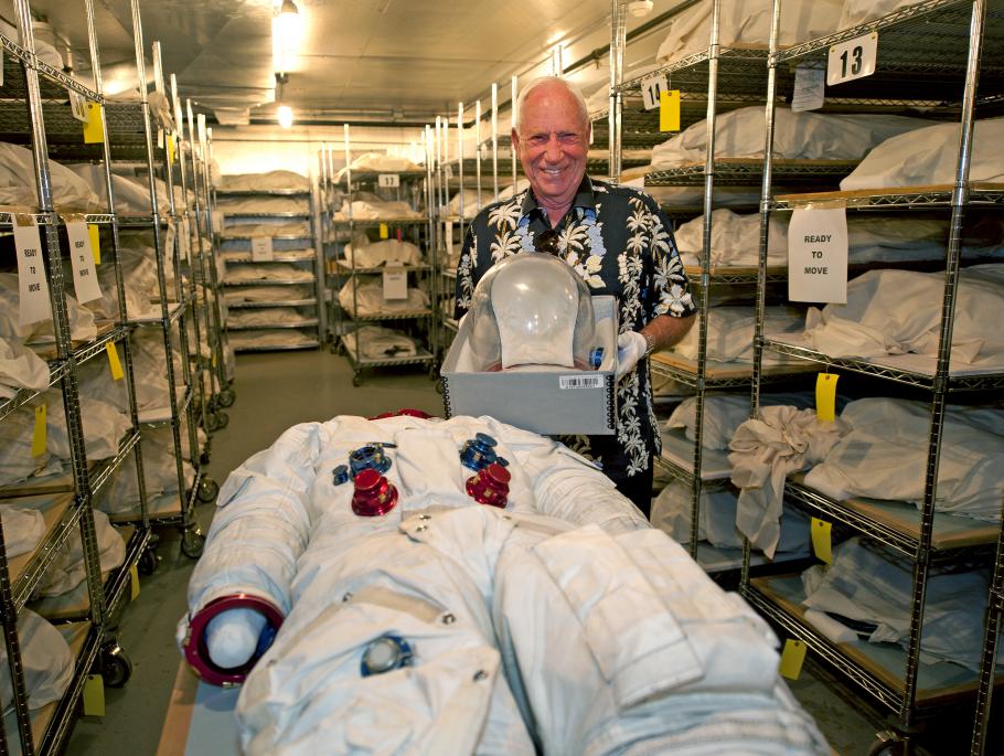 Apollo 15 astronaut Al Worden with his spacesuit