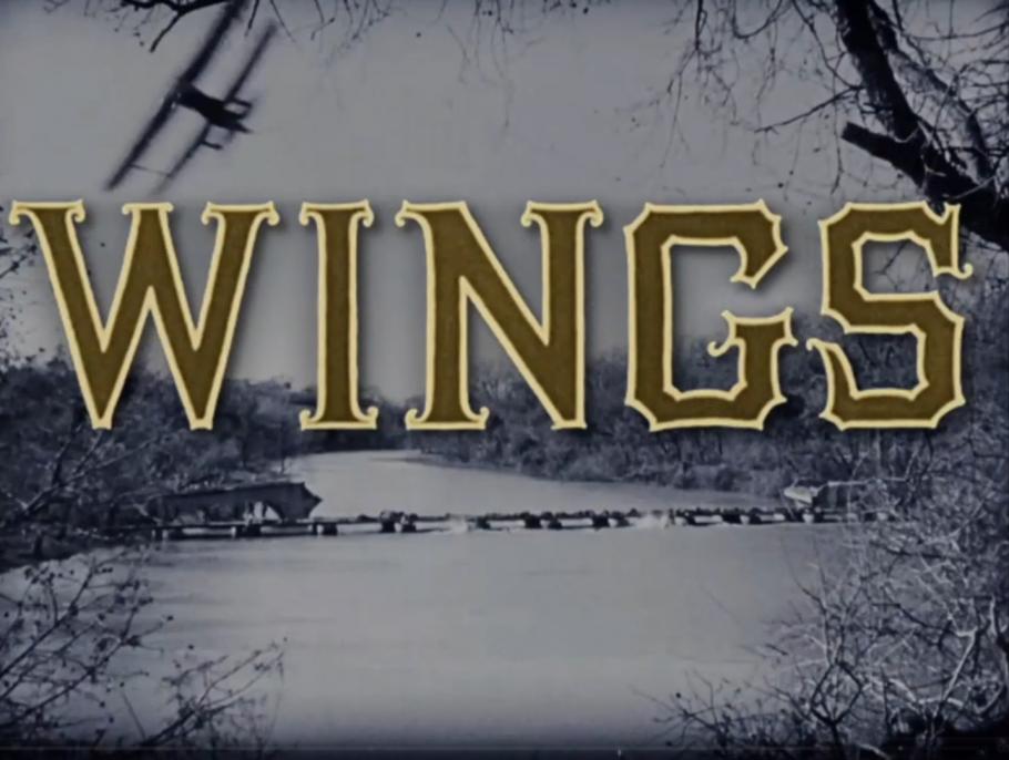 Title card from Wings move with the word "Wings" over a scene showing a plane flying over a river and bridge.