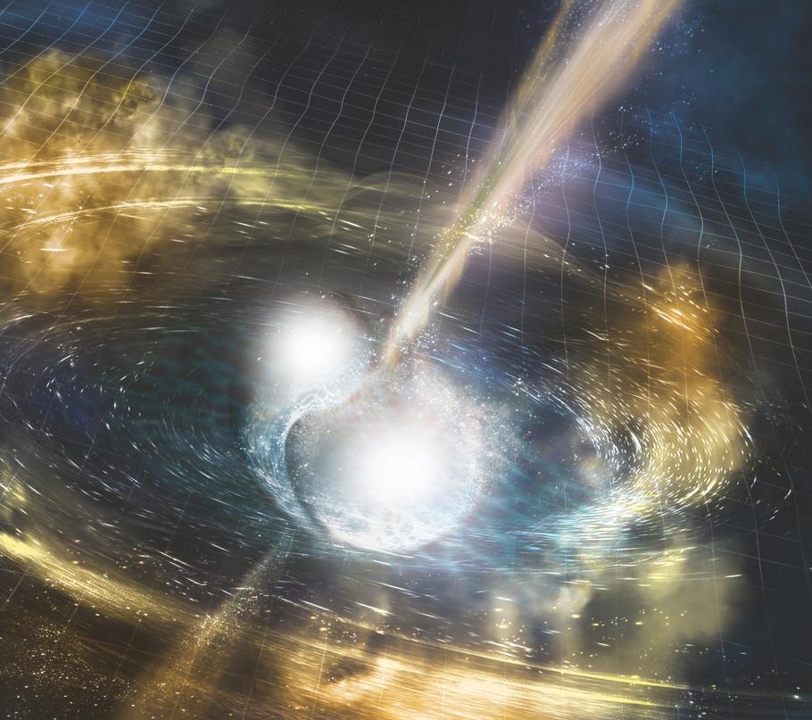 An artist’s illustration of two merging neutron stars.