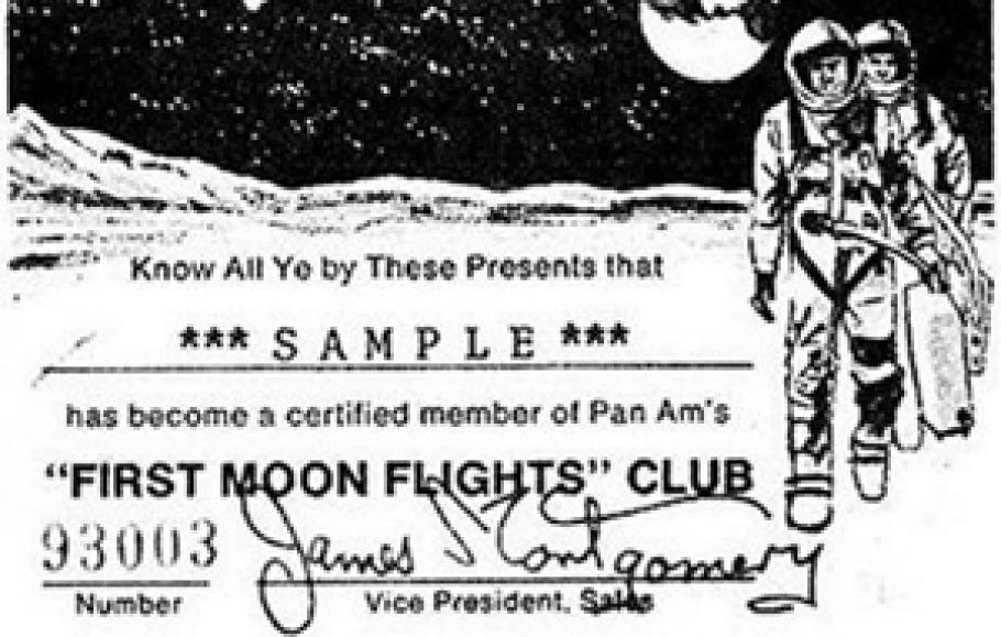 A digitized card proving membership in the Pan Am First Moon Flights Club. On the right and top is a drawing of astronauts on the moon.