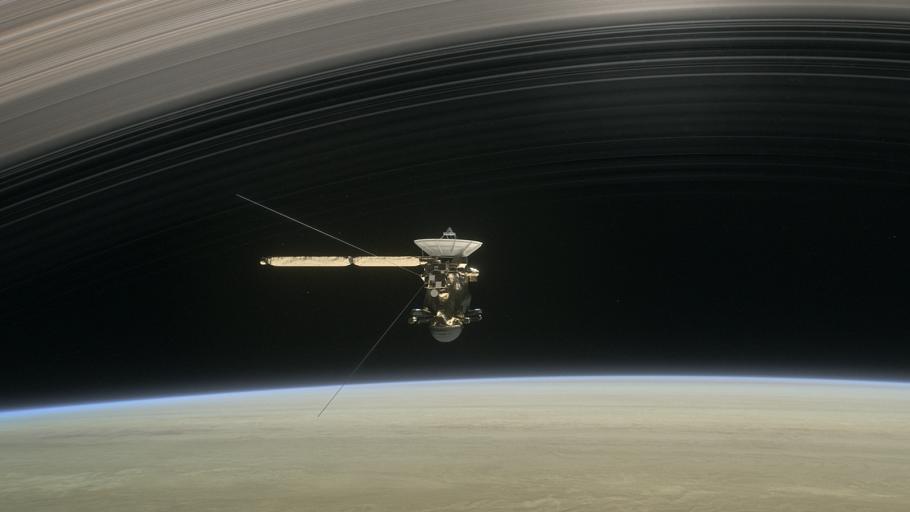 Illustration of Cassini crossing the rings of Saturn