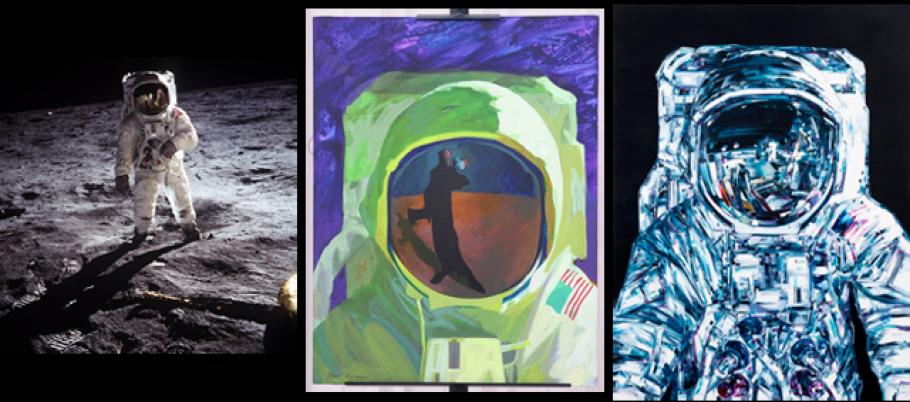 Three panels, one featuring a photograph of a man on the moon and two more showing artistic renditions.