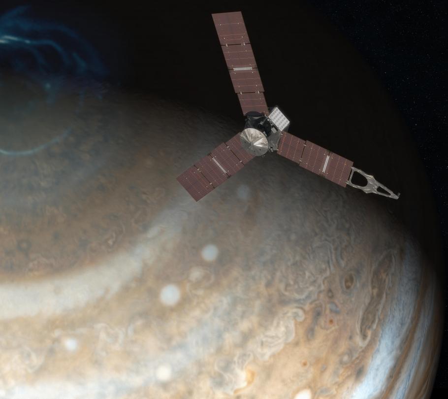 A rendering of the spacecraft Juno with Jupiter in the background. 