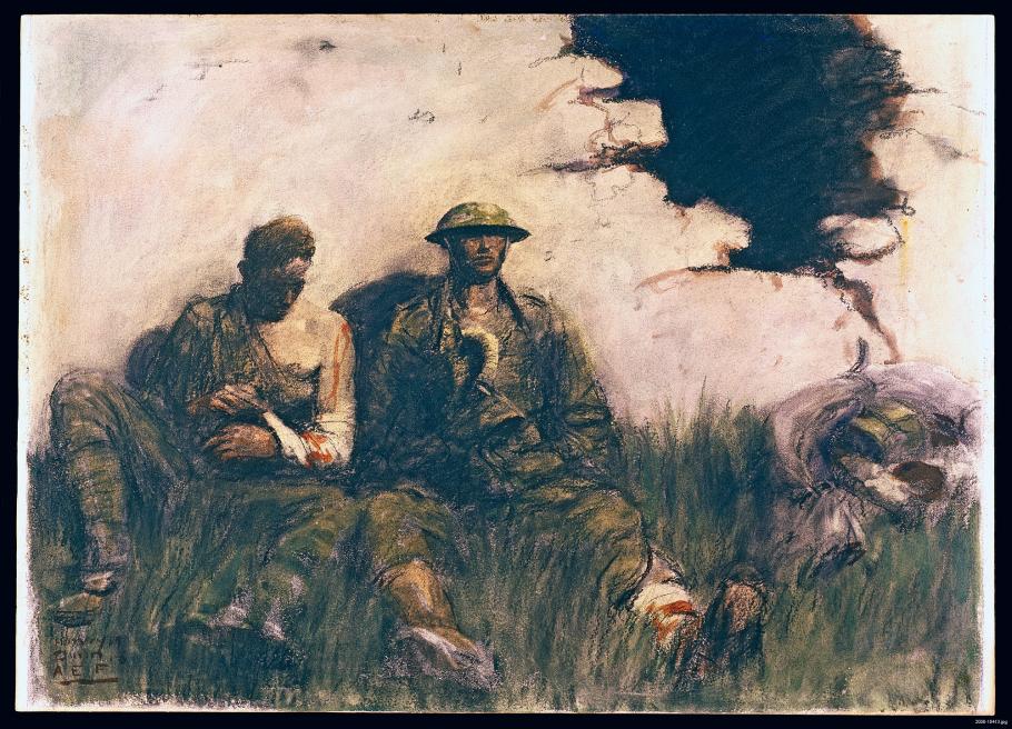 Two injured soldiers sitting. 