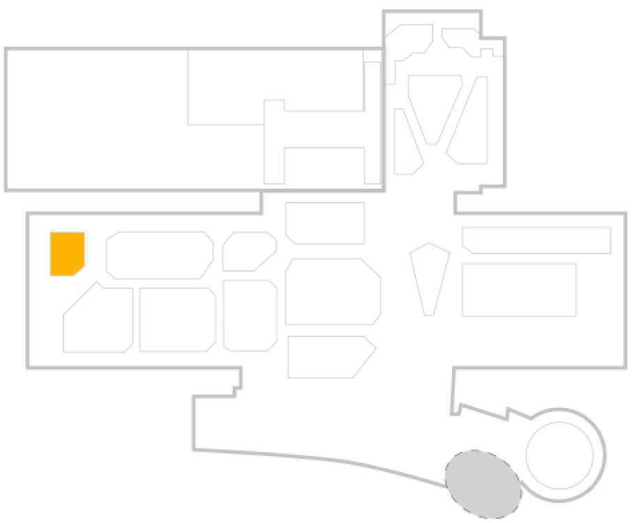 Map of Udvar-Hazy Center highlighting the display in the main hanger, in the furthest back left corner.