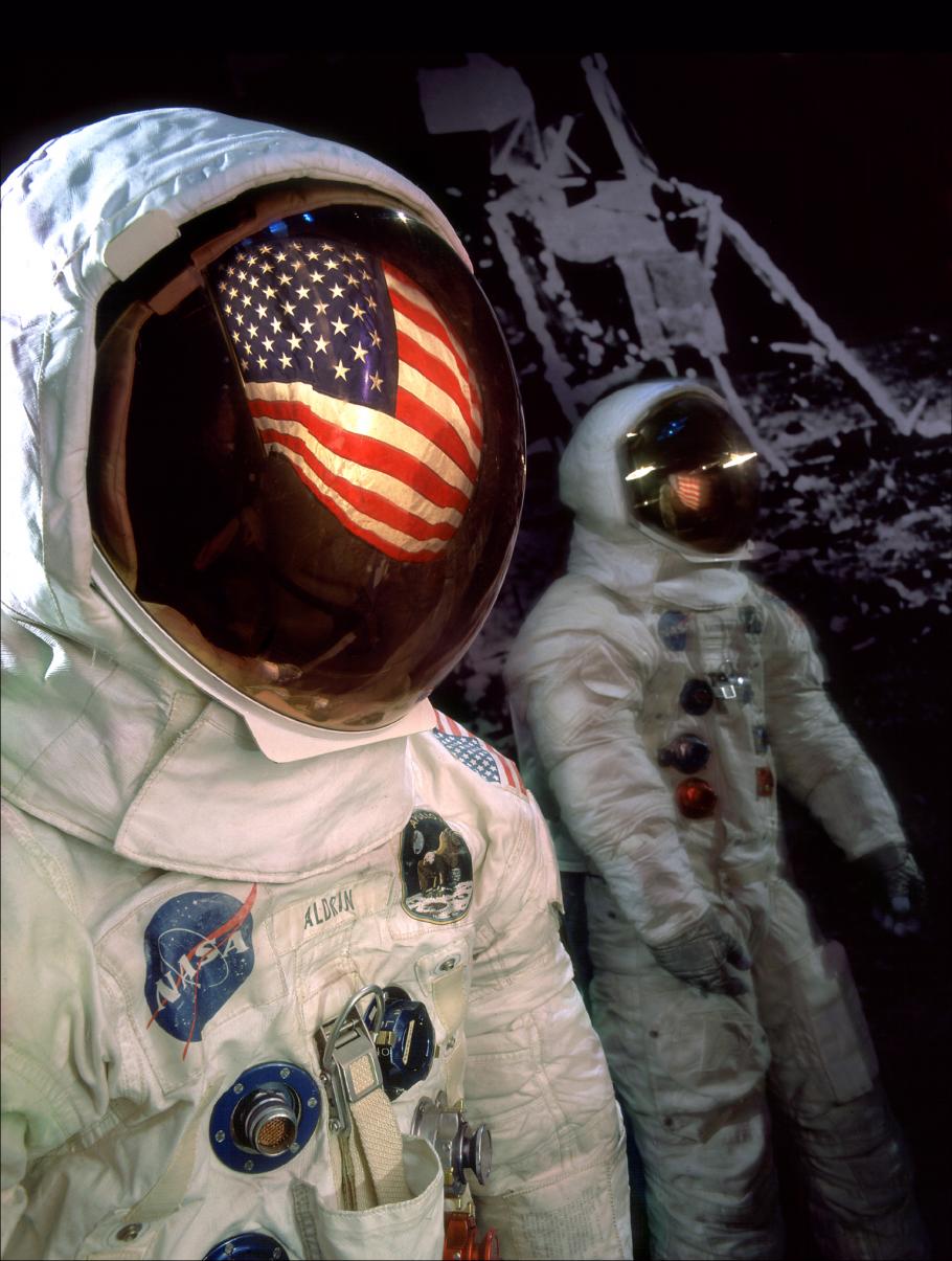 Mosaic of Apollo 11 Armstrong and Aldrin Spacesuits on display