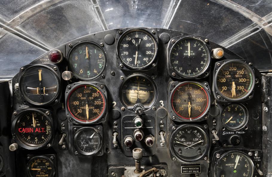 View of flight instrument panel in the cockpit of the Bell X-1