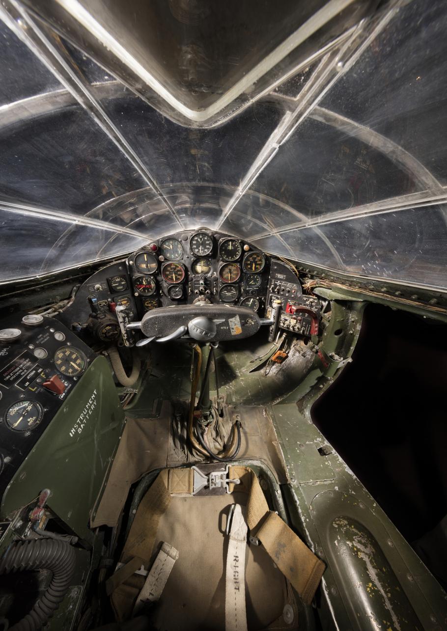 Interior view of enclosed cabin and flight instruments in the Bell X-1