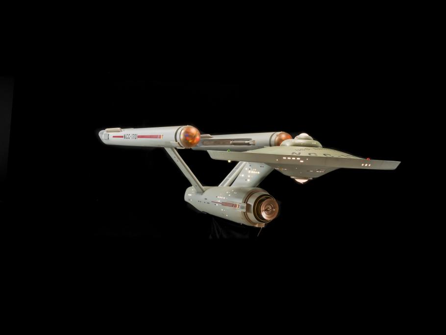 Front and side of Star Trek Starship Enterprise Studio Model with lights