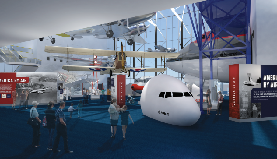 Artist rendering of an exhibition about the history of air transportation in the United States.
