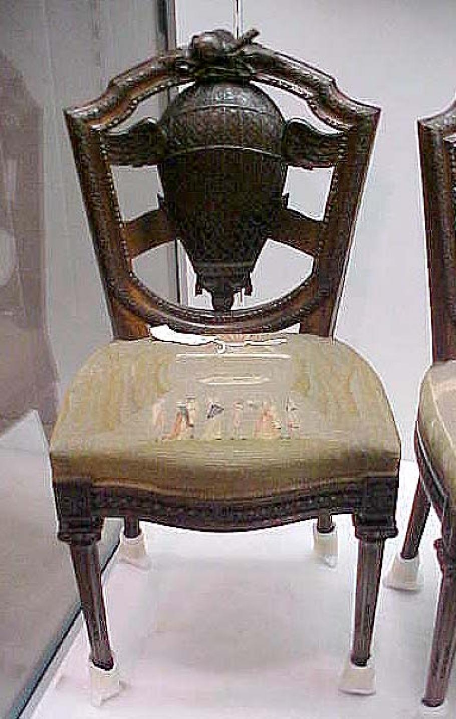 Wooden chair with needlepoint embroidered upholstery of balloon