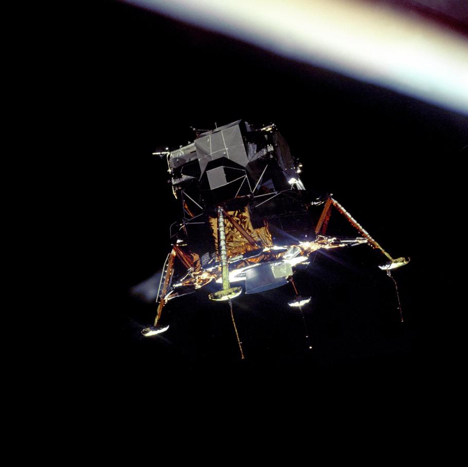 The Apollo 11 Lunar Module Eagle, in a landing configuration