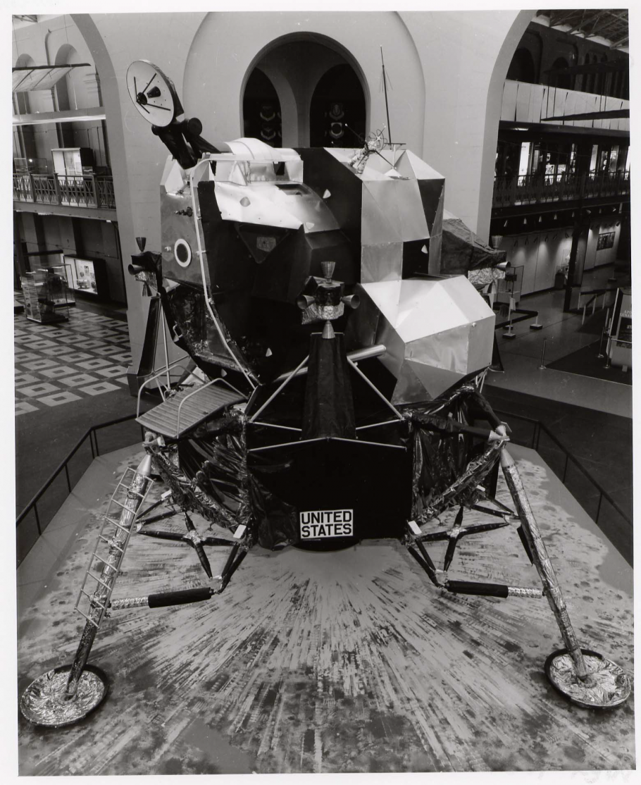 Black and white photo of LM-2 on display in the Arts and Industries building